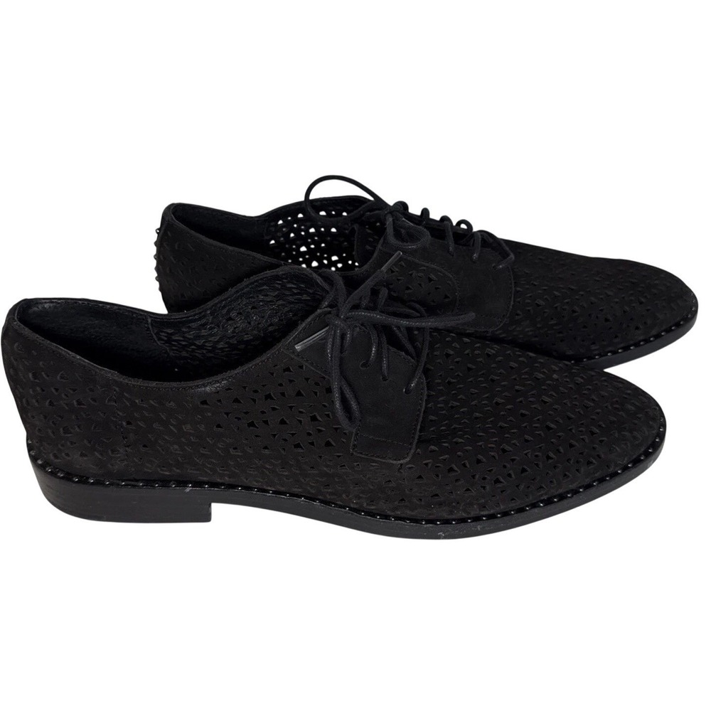 Vince Camuto Lesta Geo Black Oxford Women 9M Laser Cut Suede Flat Studs Academia - Picture 5 of 14